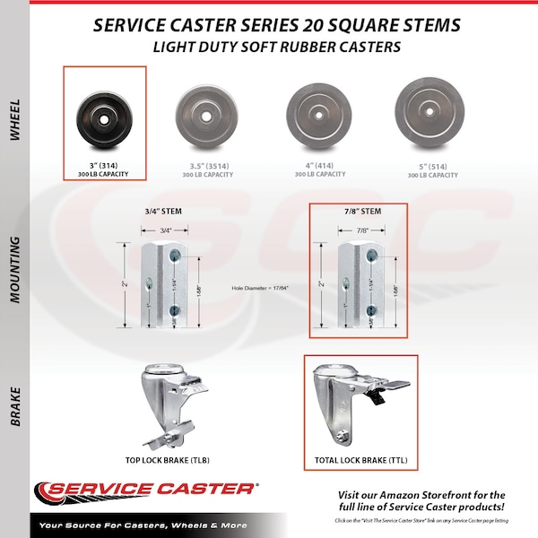 3 Inch Soft Rubber Swivel 7/8 Inch Square Stem Caster with Total Lock Brake SCC